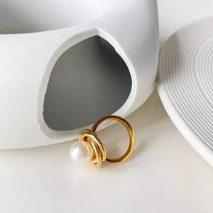 Women's Elegant Stainless Steel Wire Wrapped Gold Plated Pearl Rings