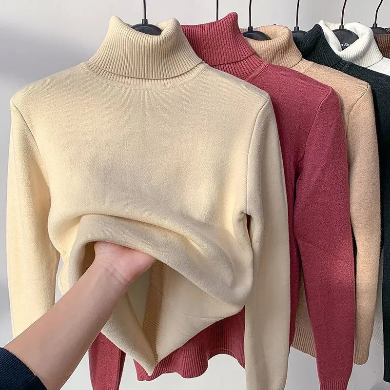 Women's Elegant Turtleneck Warm Sweater Thicken Velvet Lined Knitted Pullover