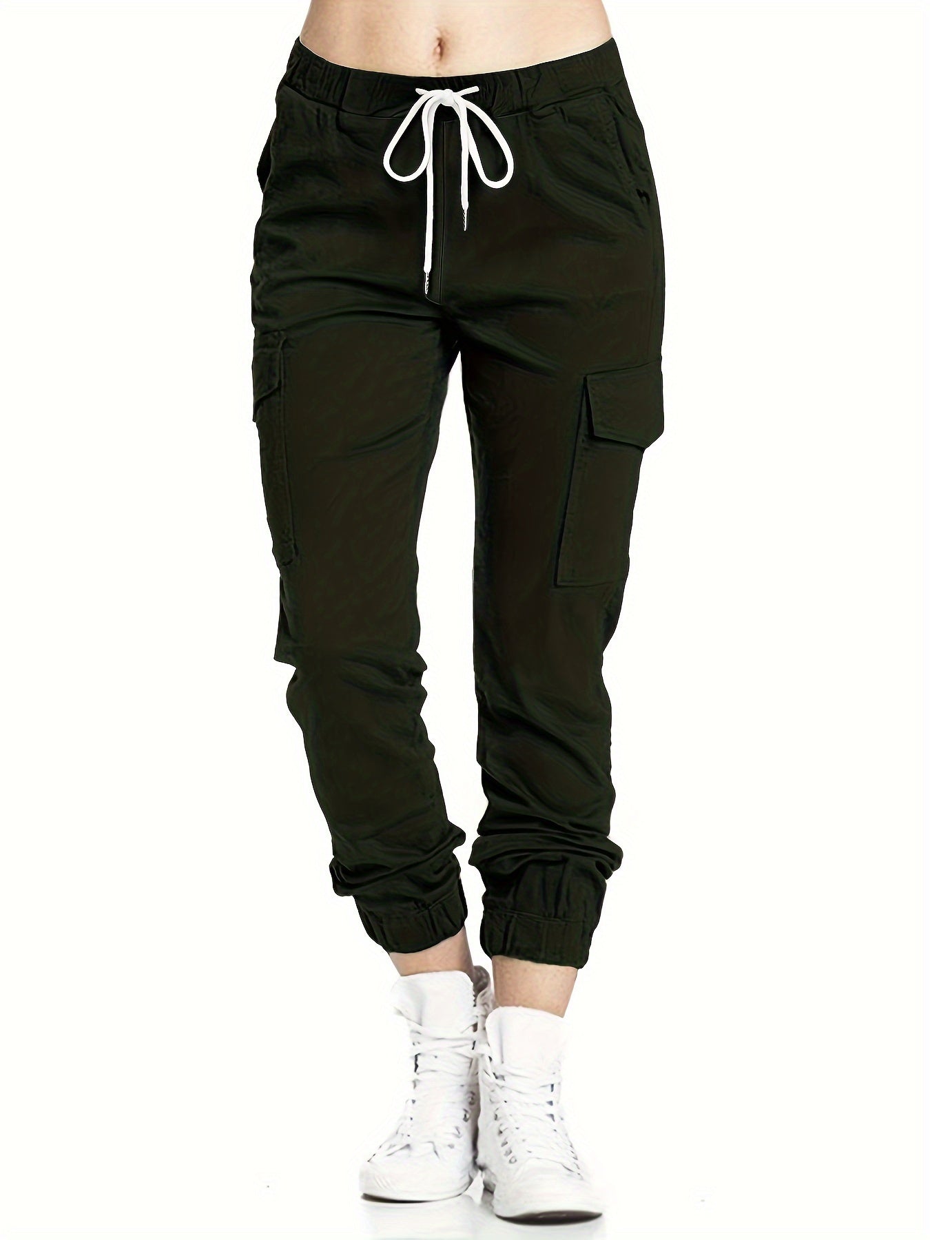 Y2K Solid Drawstring Cargo Pants, Casual Elastic Waist Long Length Pants With Pockets, Women's Clothing