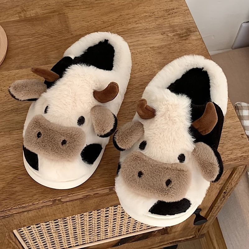 Women&#39;s Cartoon Cute Cow House Slippers, Warm Plush Lined Closed Toe Fuzzy Home Slides, Women&#39;s Comfy Indoor Shoes