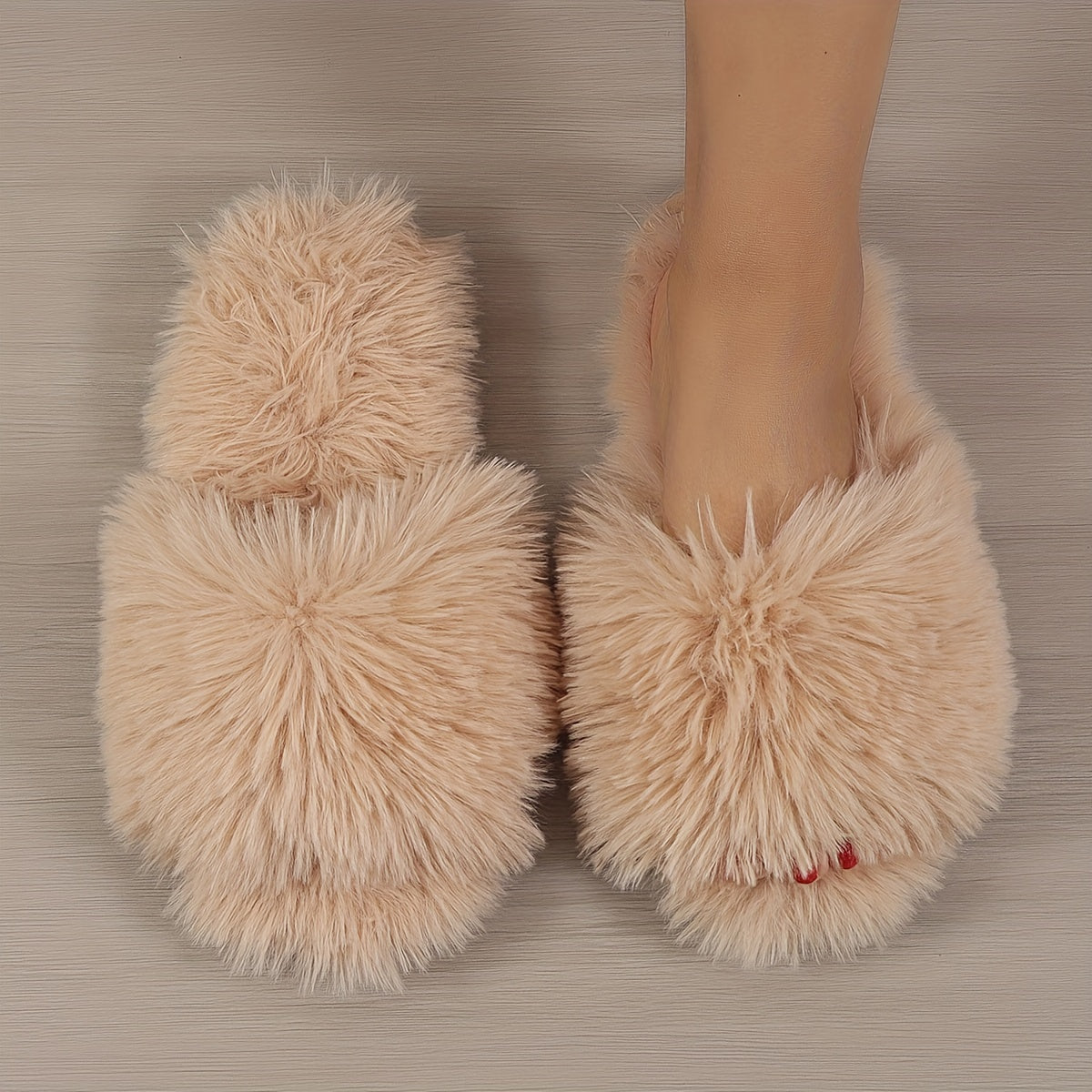 Women's Fluffy Furry Winter Slippers, Solid Color Open Toe Soft Flat Shoes, Cozy & Warm Home Floor Slippers