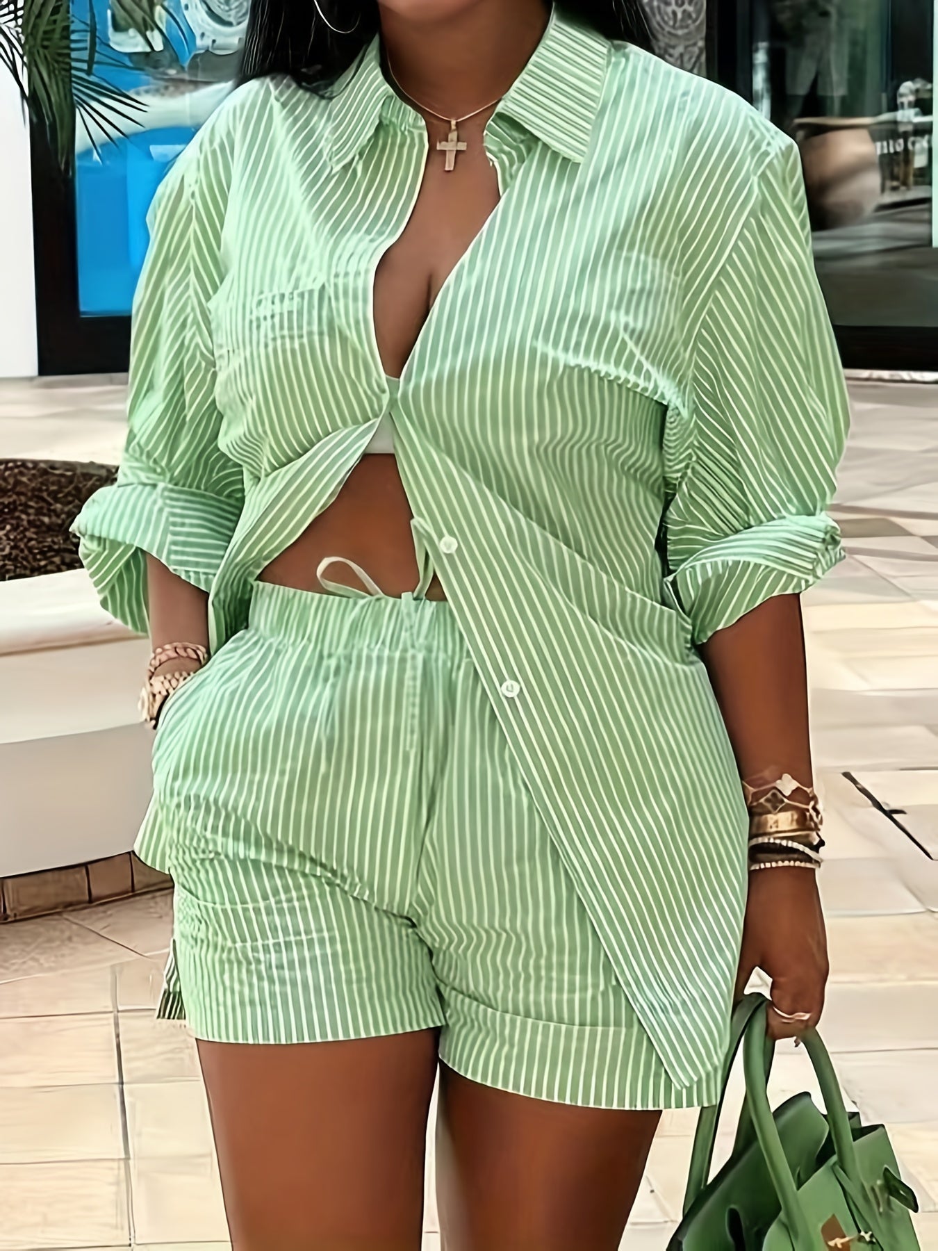 Plus Size Casual Outfits Set, Women's Plus Stripe Long Sleeve Shirt & Shorts Outfits Two Piece Set