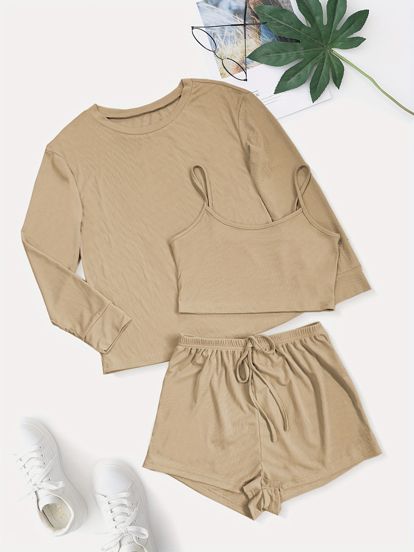 Solid Waffle Lounge Set, Casual Long Sleeve Crew Neck Top & Cami Top & Elastic Waistband Shorts, Women's Loungewear & Sleepwear for fall & winter