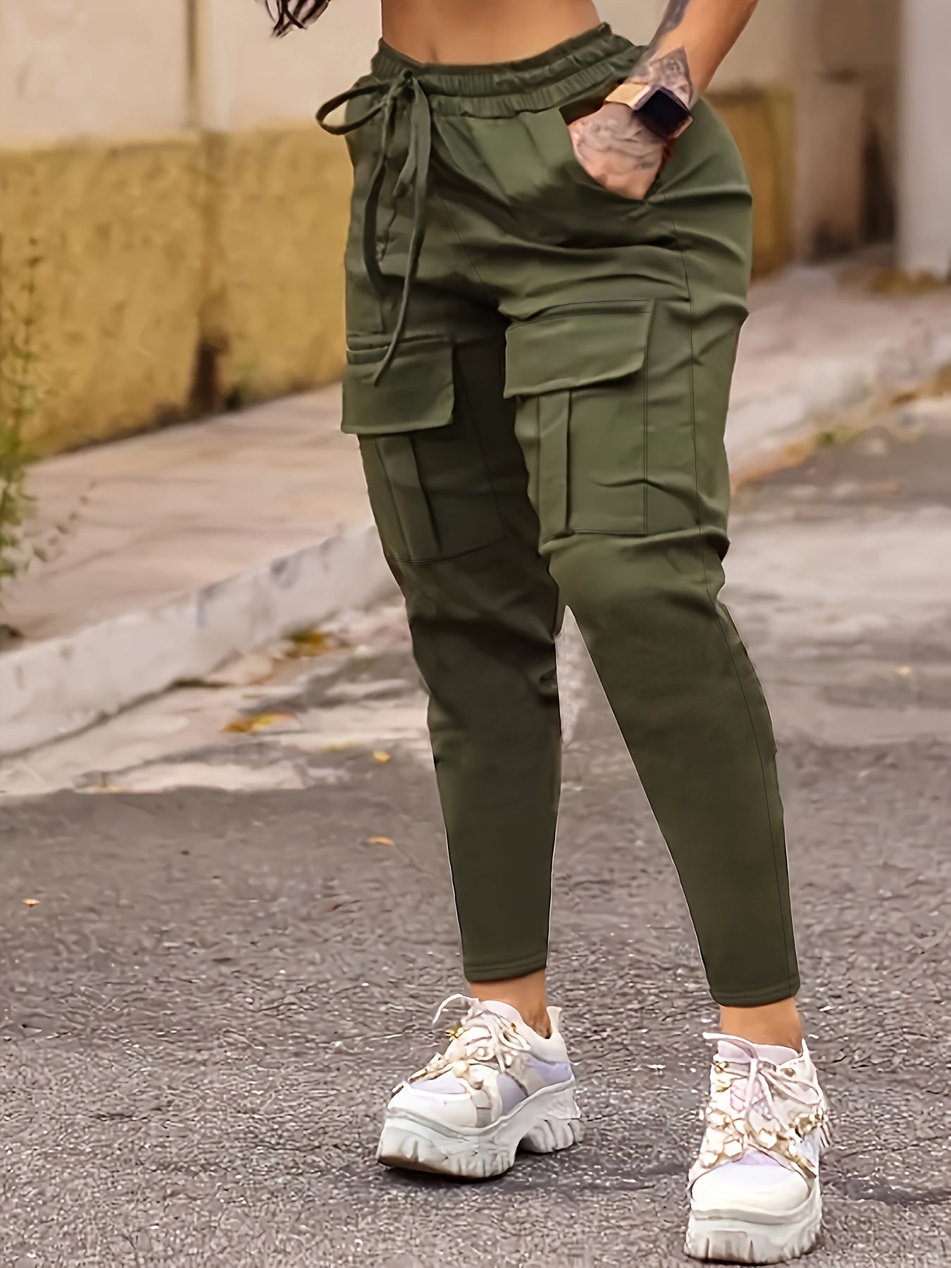 Solid Flap Pocket Jogger Cargo Pants, Casual Drawstring Pants For Spring & Fall, Women's Clothing