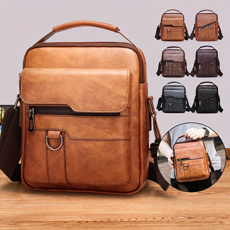 1pc Men's PU Leather Shoulder Bag, Large Capacity Casual Messenger Bag, Simple Business Trendy Sling Bag