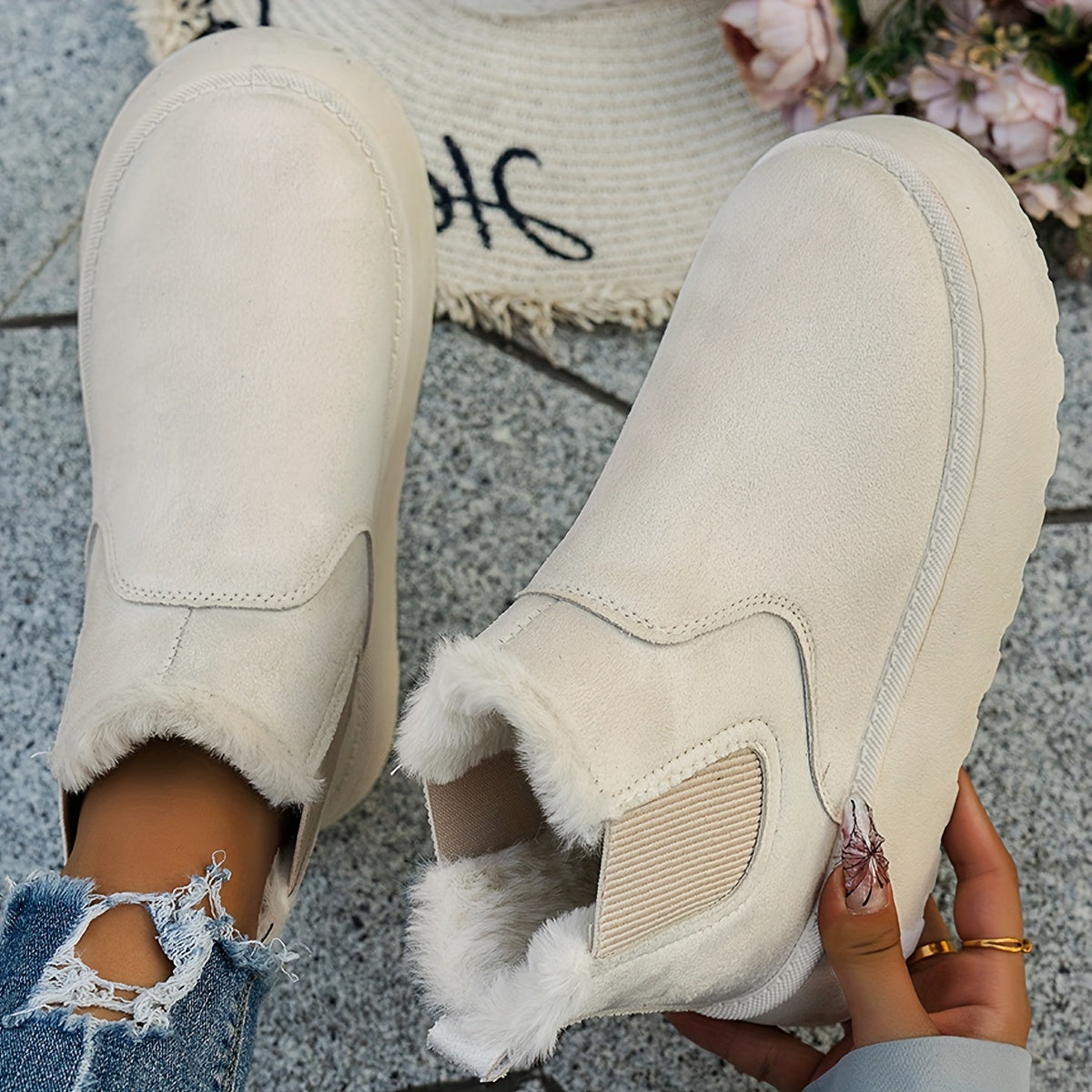 Women's Cozy Slip-On Ankle Boots - Plush Lined, Thick Sole, Winter Fashion in Solid Colors