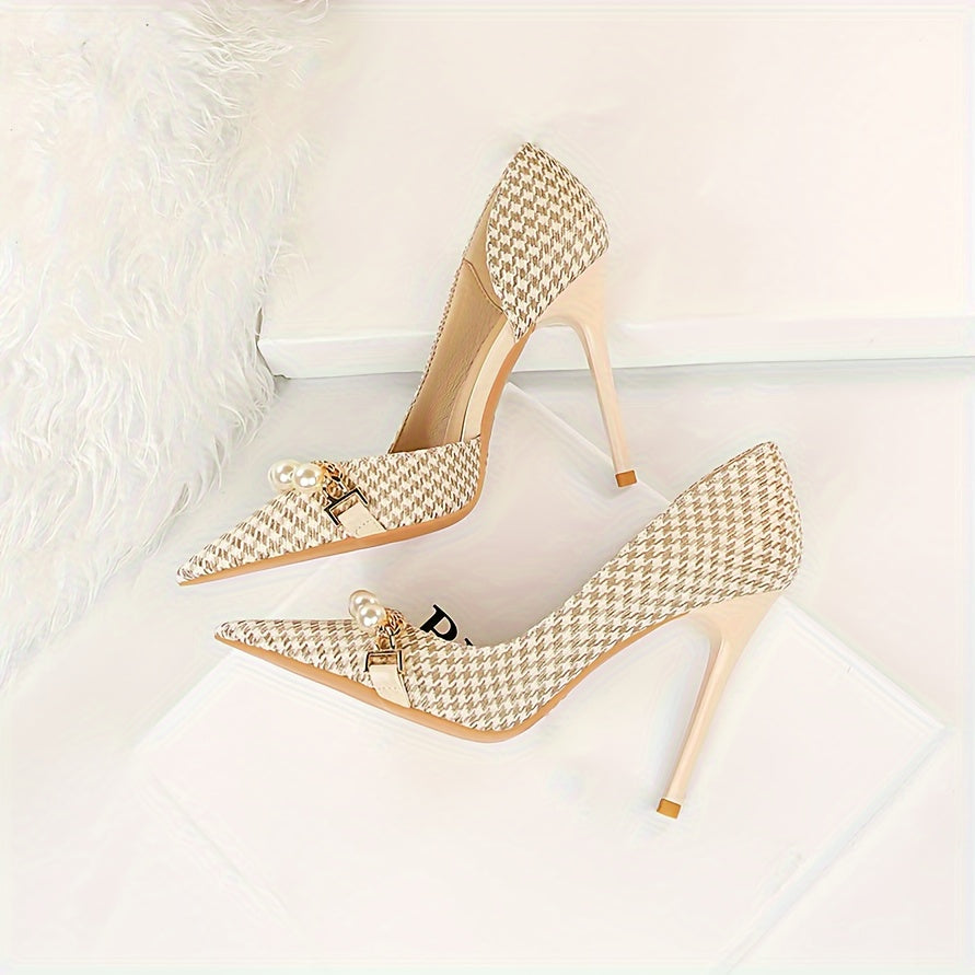 Women's Elegant Stiletto Heels, Thousand Bird Plaid with Faux Pearl & Metal Chain Decor, Sleek Pointed Toe, Perfect for Weddings & Parties