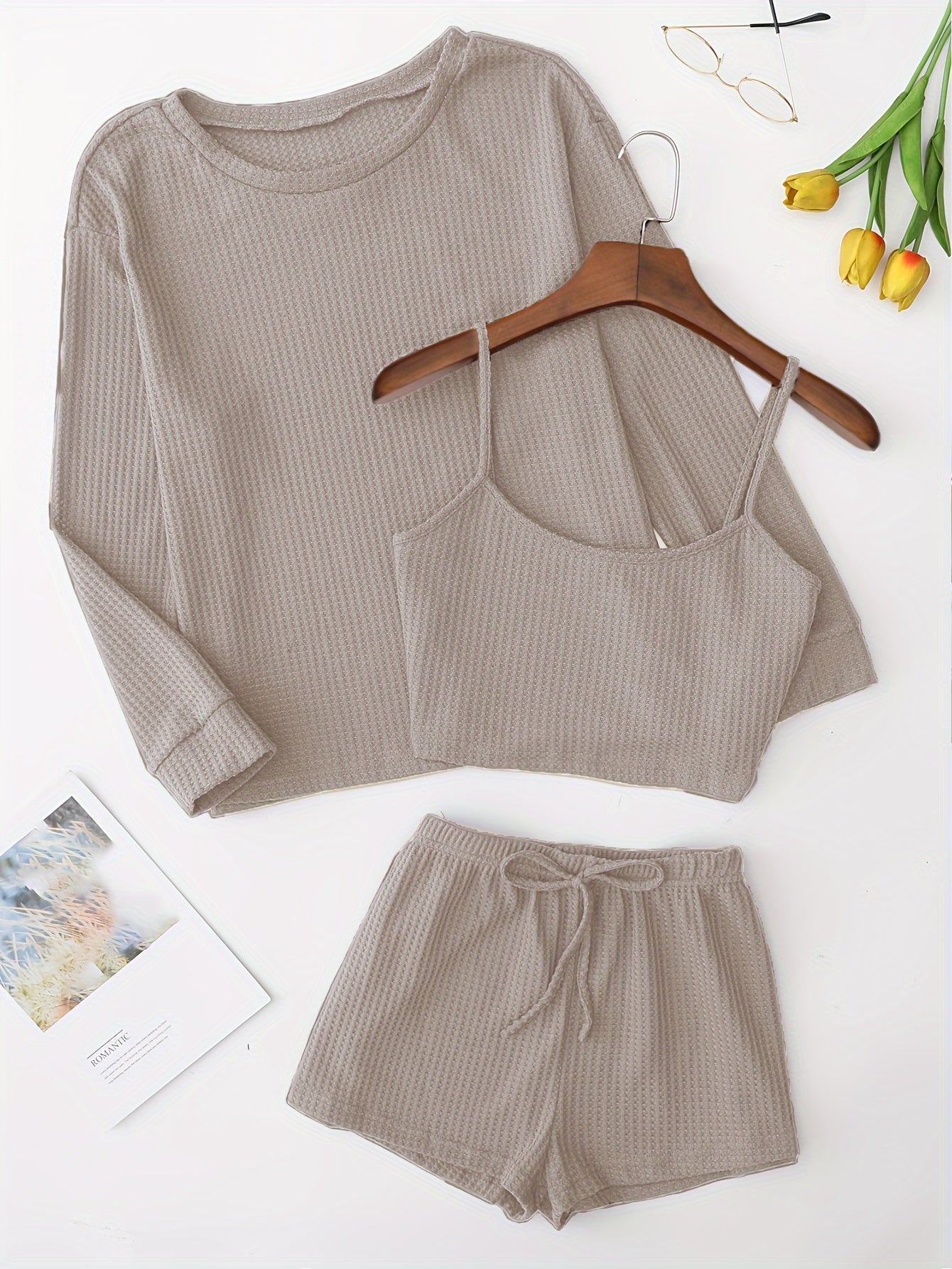 Solid Waffle Lounge Set, Casual Long Sleeve Crew Neck Top & Cami Top & Elastic Waistband Shorts, Women's Loungewear & Sleepwear for fall & winter