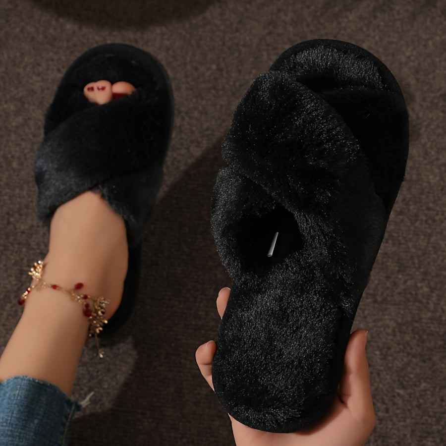 Crisscross Band Plush Indoor Slippers, Cozy & Warm Leopard Print Soft Sole Fuzzy Shoes, Non Slip Home Floor Slippers