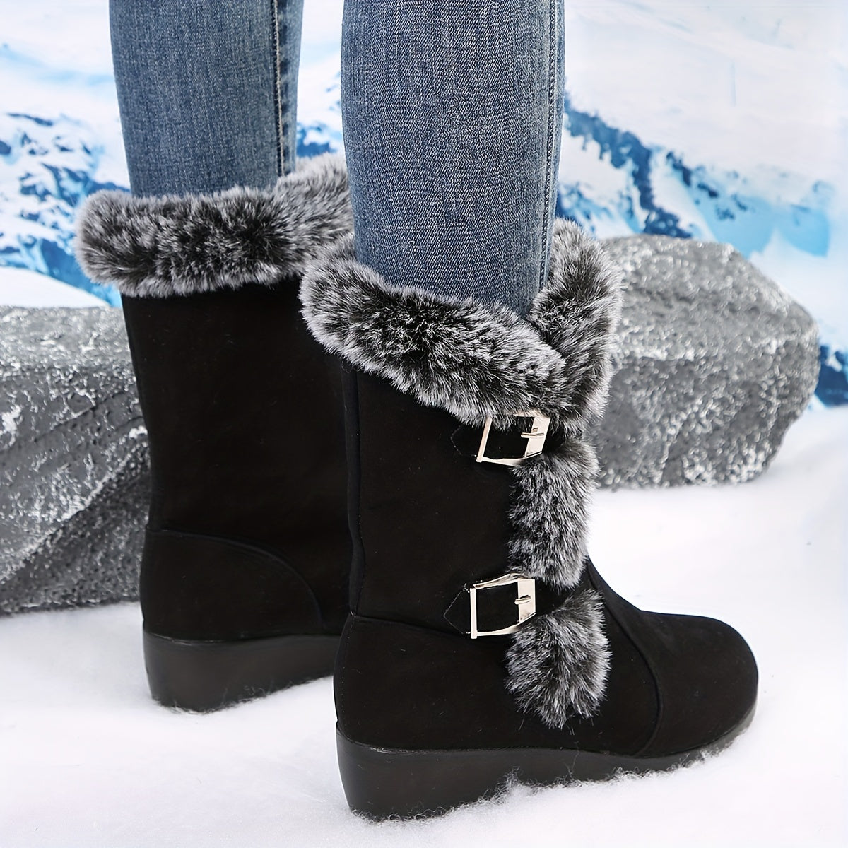 Mid Heel Wedge Boots for Women - Flannel Lined, Buckle Strap, Round Toe, Rubber Sole, Pull-On Closure, Perfect for Winter and Comfort Occasions