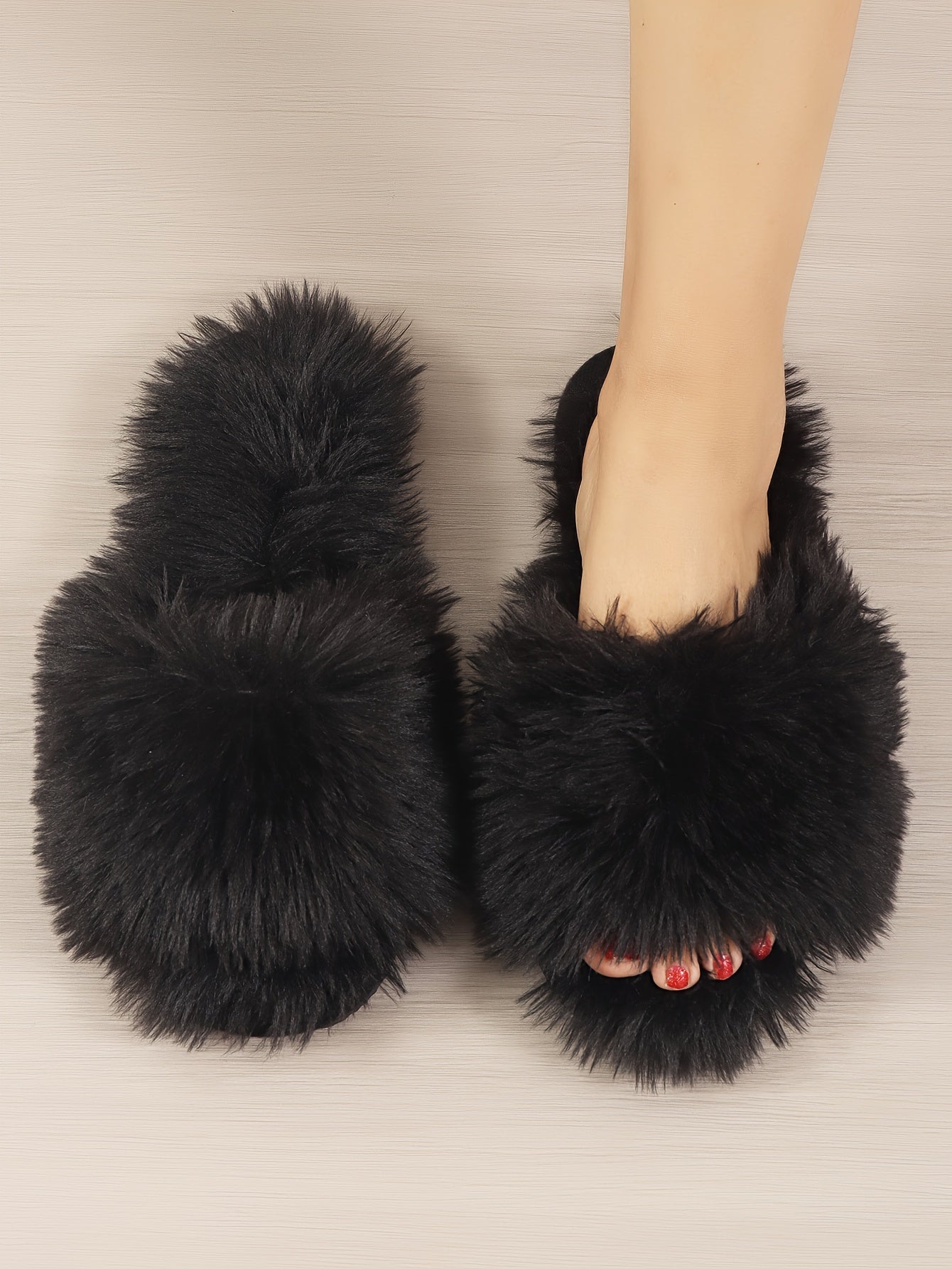 Women's Fluffy Furry Winter Slippers, Solid Color Open Toe Soft Flat Shoes, Cozy & Warm Home Floor Slippers