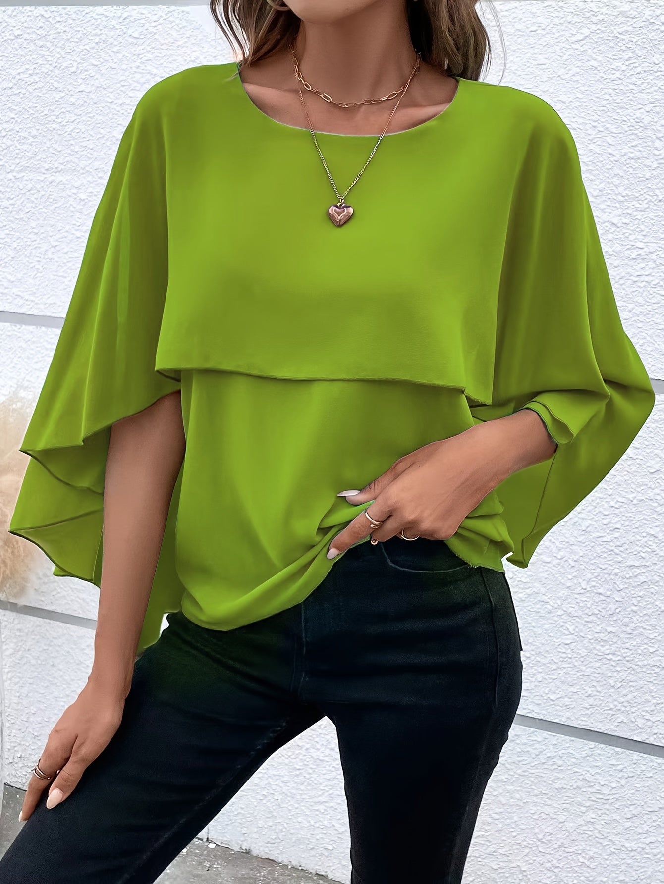 Solid Layered Cloak Sleeve Blouse, Versatile Crew Neck Blouse For Spring & Fall, Women's Clothing