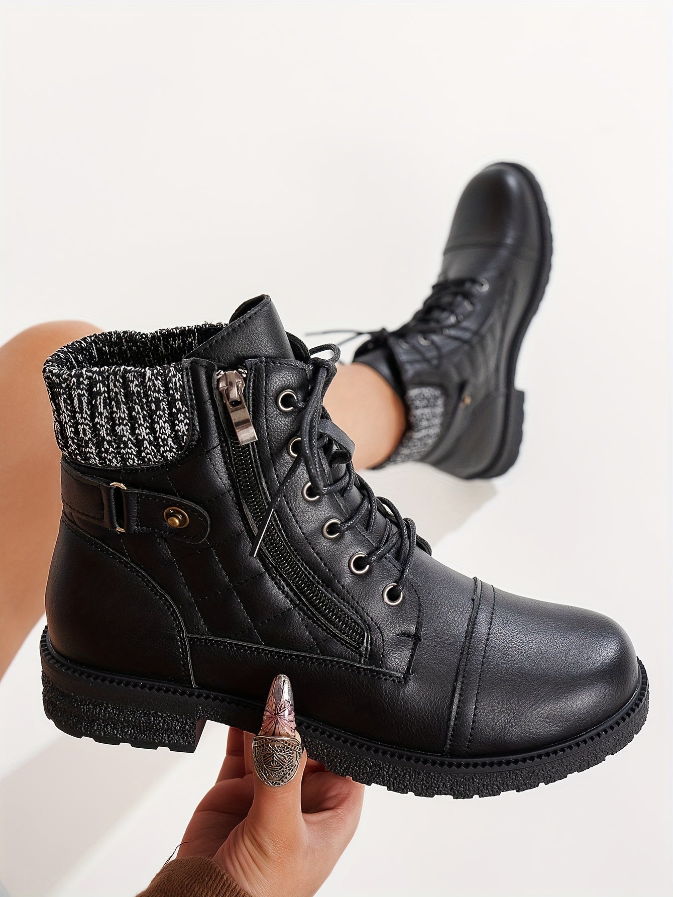 Women's Punk Style Ankle Boots - Mid-Heel, Almond Toe, Zip Closure, Solid Color, Durable, All-Season Wear.