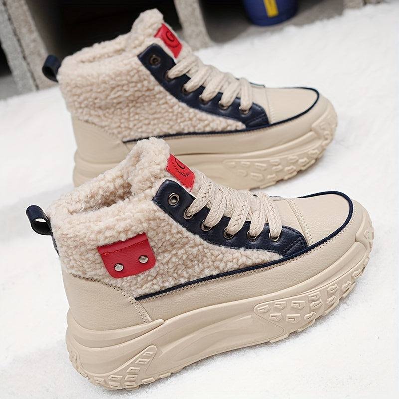 Winter Women's Ankle & Bootie Sneakers - Lace-Up Solid Color, Faux Fur High-Top Chunky Dad Shoes with Rubber Sole & PU Insole - Warm Athletic Footwear