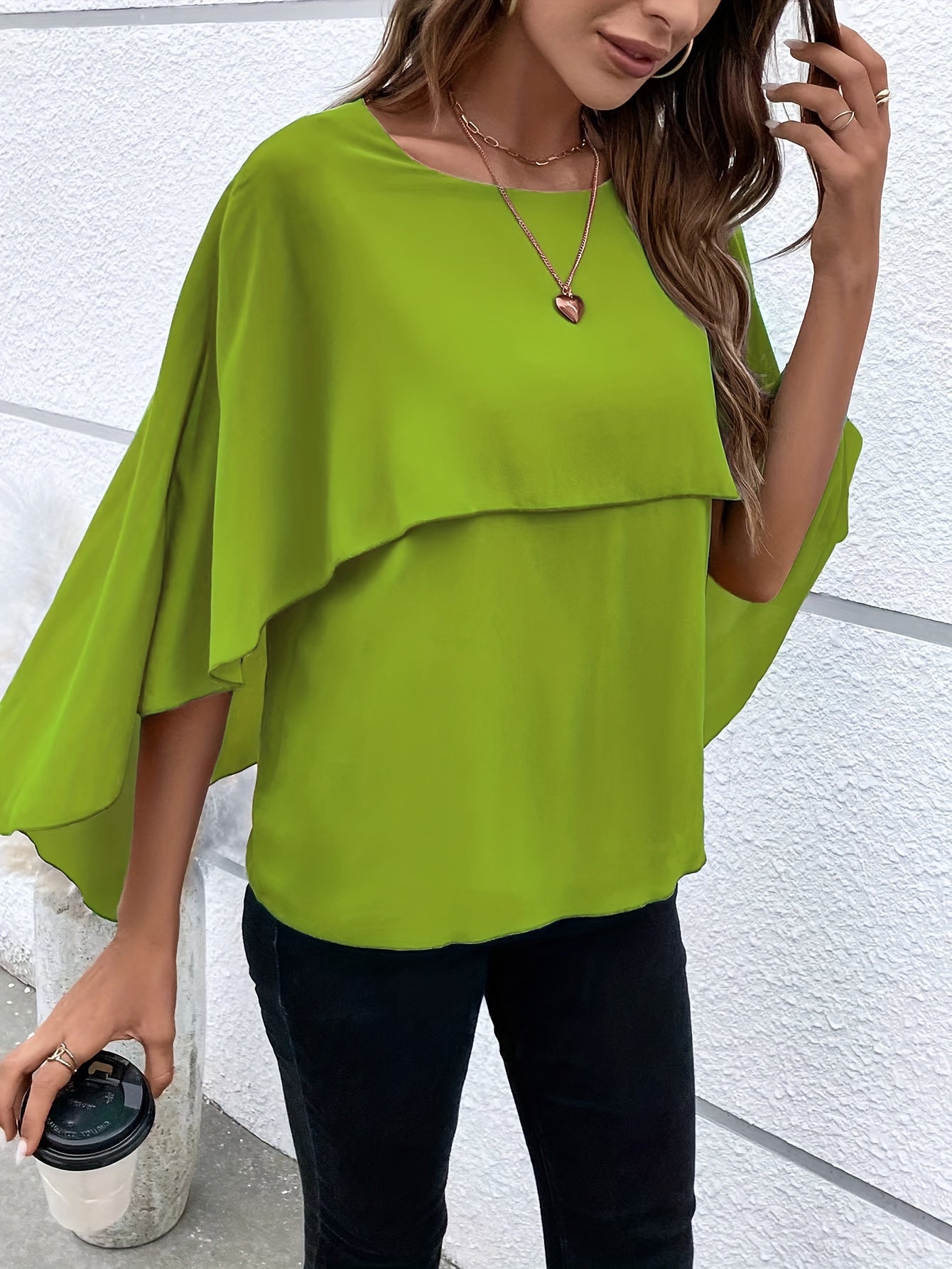 Solid Layered Cloak Sleeve Blouse, Versatile Crew Neck Blouse For Spring & Fall, Women's Clothing