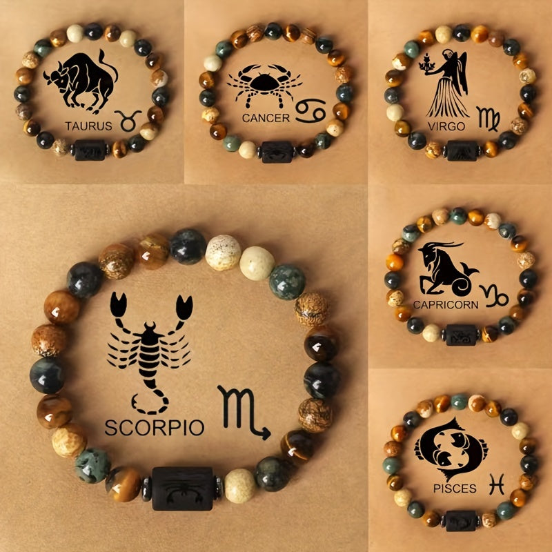 1pc Twelve Zodiacs Natural Stone Beaded Bracelets, Blessing Bracelet For Couples And Friend As Birthday Gifts For Men Women, Father's Day Gift