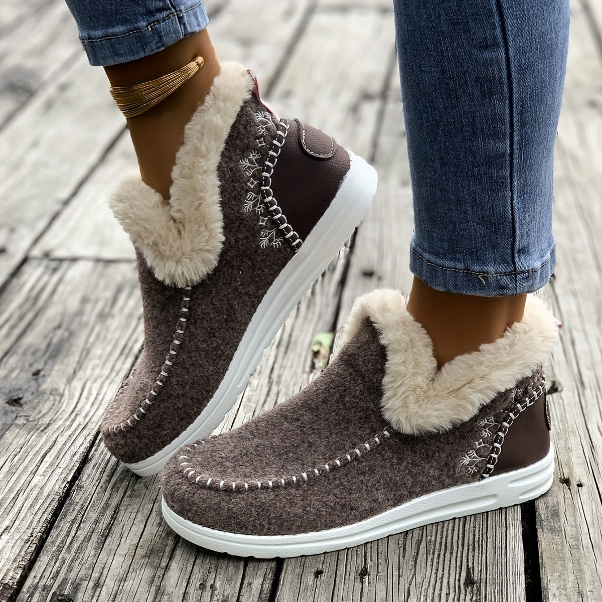 Women's Cozy Flannel Ankle Booties - Faux Fur Trim, Slip-on, Flat Heel, TPR Sole, Special Edition