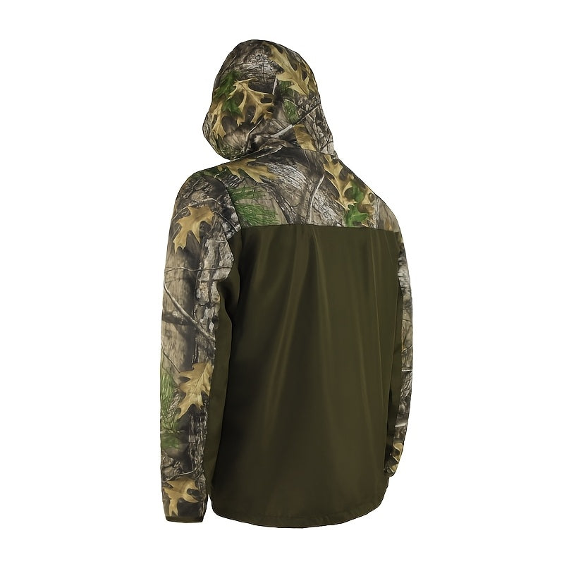 Camo Hooded Windbreaker Jacket for Men, Lightweight Outdoor Sports Coat, Water-Resistant, Drawstring Hem, Zippered Pockets