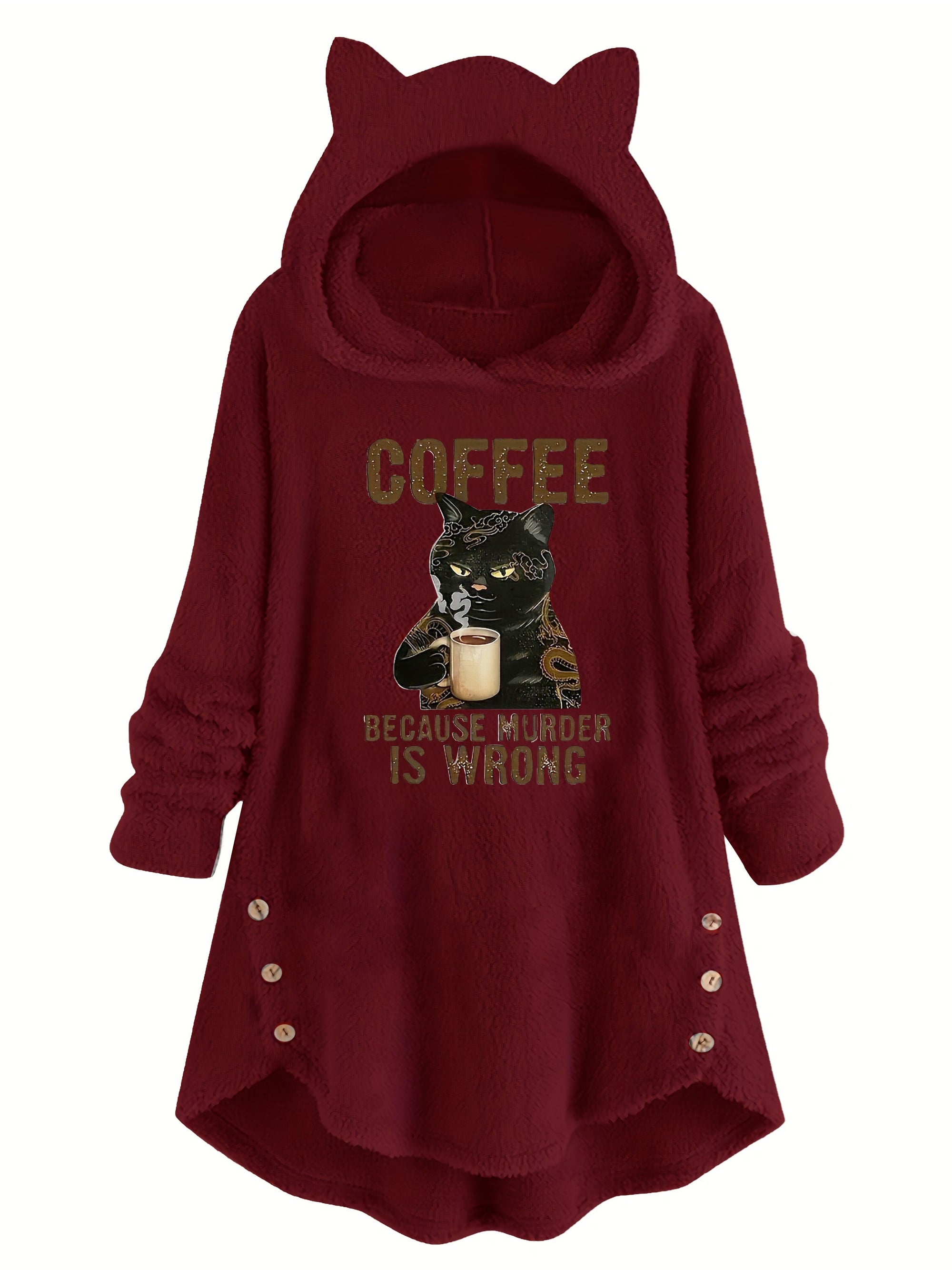 Cat & Slogan Print Teddy Hoodie, Casual Long Sleeve Button Decor Hoodie Sweatshirt, Women's Clothing