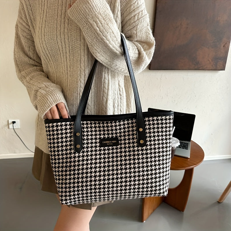 Vintage Houndstooth Print Tote Bag, Retro Large Capacity Shoulder Bag, Women's Fashion Handbag For Commute