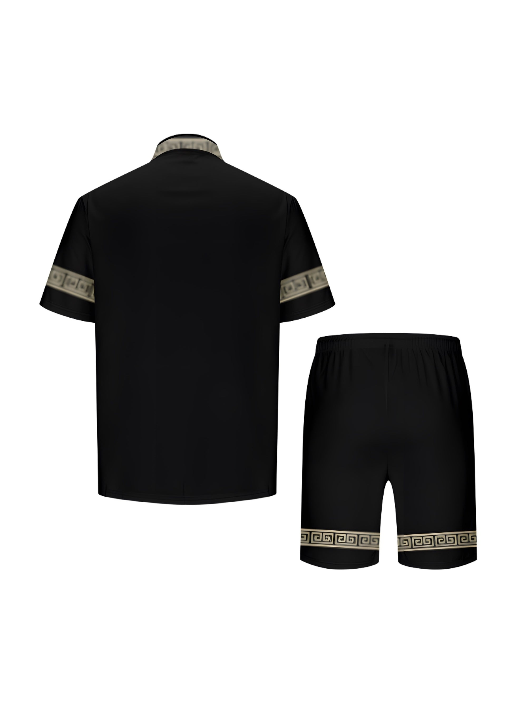 Vintage Style Men's Casual Short Sleeve Shirt and Shorts Suit with Geometric Pattern Shirt Black Two-piece Set