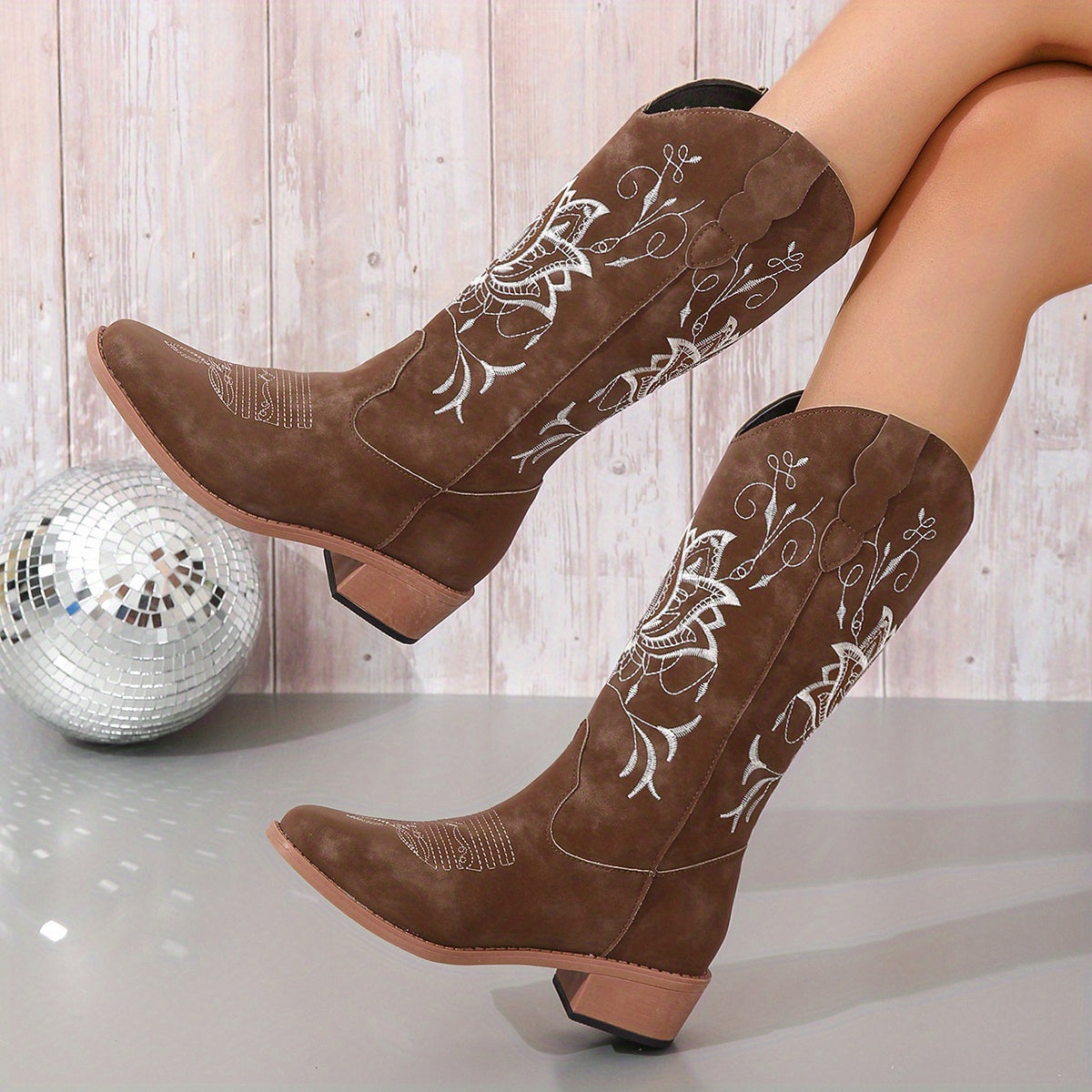 Women's Embroidered Western Mid-Calf Boots - Comfy Low Block Heel, Square Toe, Easy Slip-On Casual Cowboy Boots