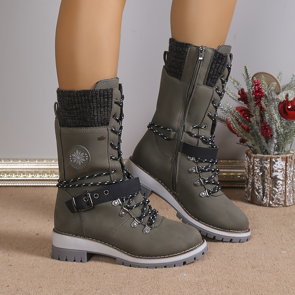 Mid Calf Thermal Women's Fashion Boots, Knitted Lace Up with Side Zipper, All-Match Outdoor