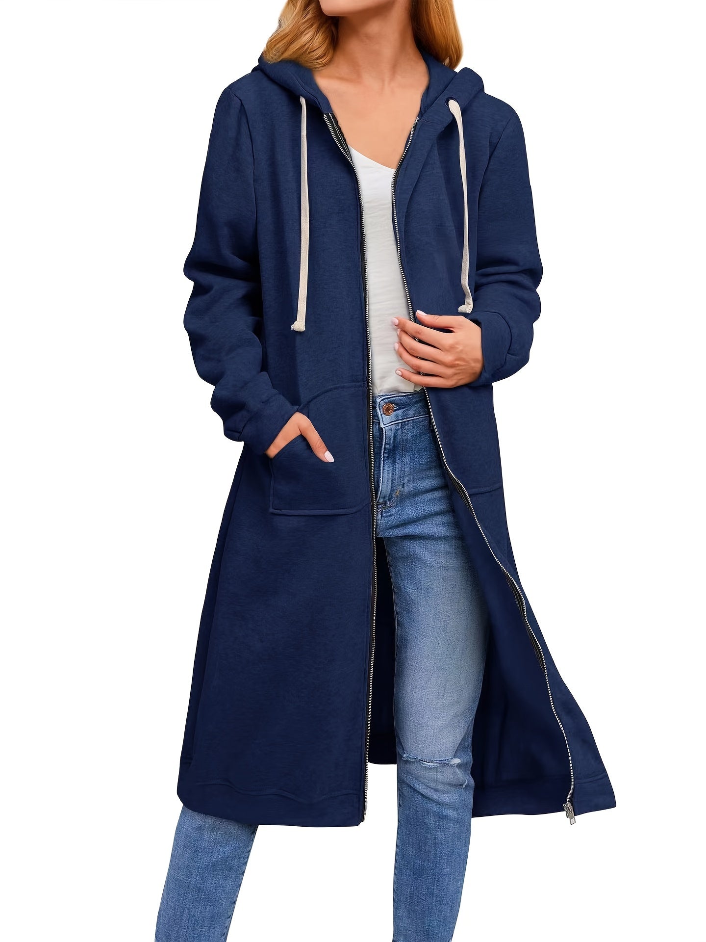 Plus Size Casual Sweatshirt, Women's Plus Solid Zipper Front Drawstring Long Sleeve Slight Stretch Hoodie Coat With Pockets