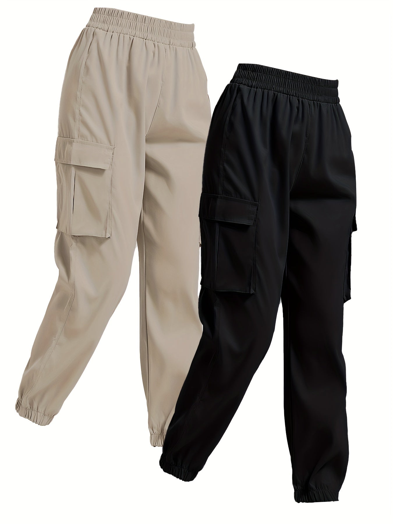 Solid Jogger Cargo Pants 2 Pack, Casual Flap Pocket Elastic Waist Pants, Women's Clothing