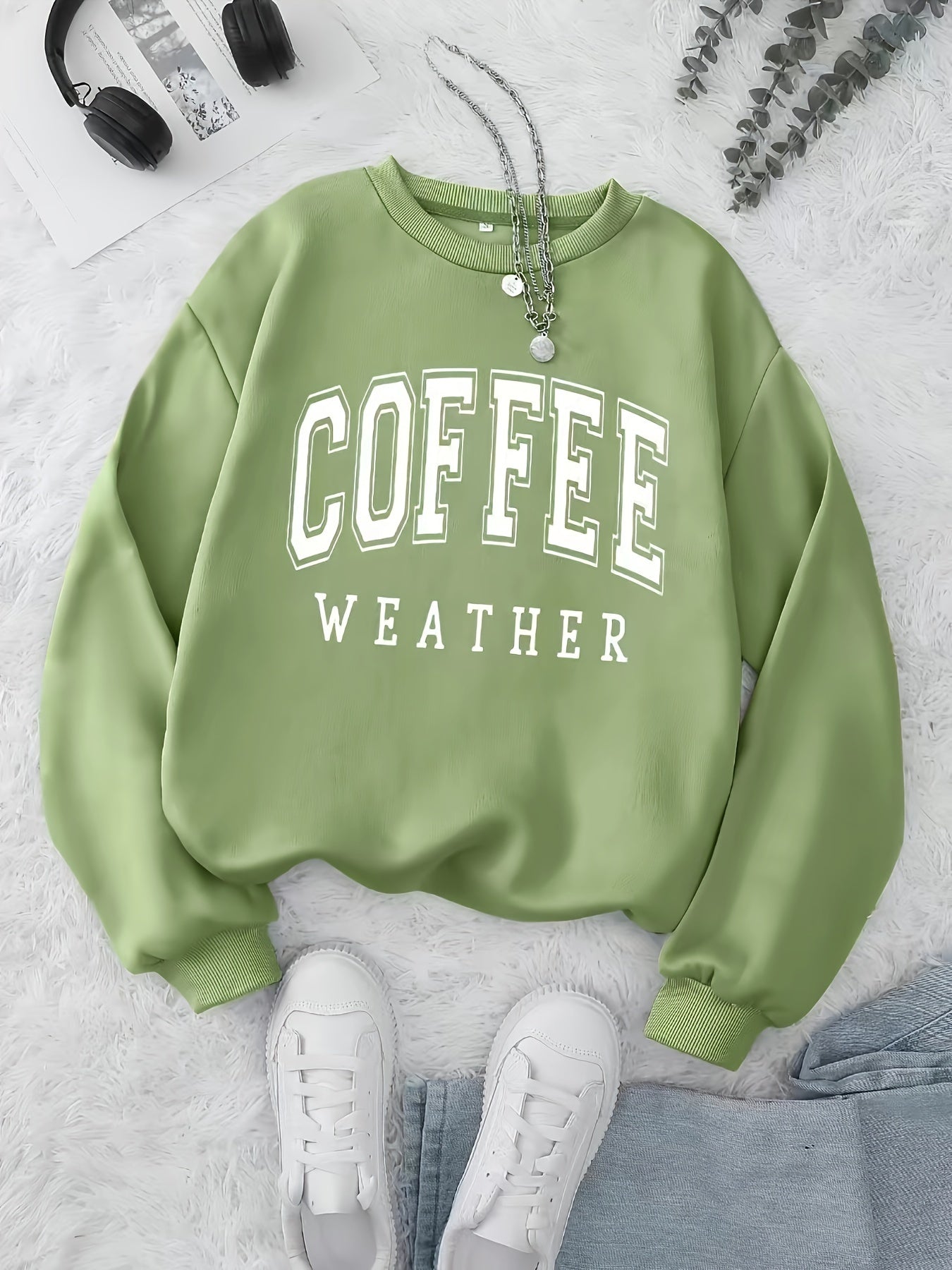 Coffee Print Pullover Sweatshirt, Casual Long Sleeve Crew Neck Sweatshirt For Fall & Winter, Women's Clothing