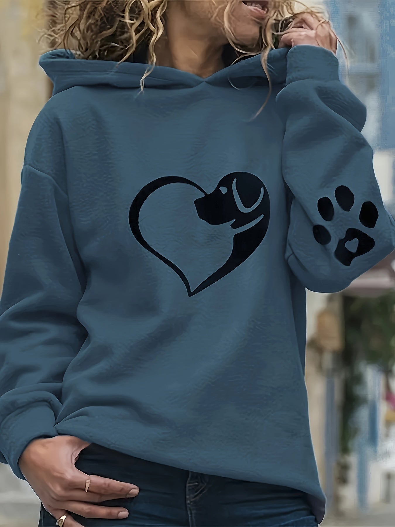 Dog & Heart & Paw Print Hoodie, Casual Long Sleeve Hoodie Sweatshirt, Women's Clothing