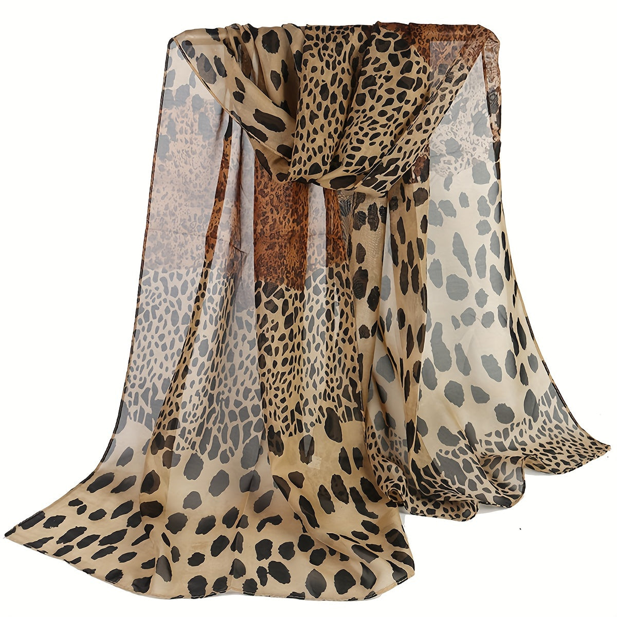 Boho Leopard Print Scarf for Women - 100% Polyester Chiffon Shawl, Windproof & Breathable Wrap for Travel, Beach & Everyday Wear