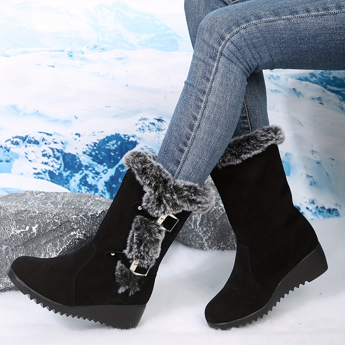 Mid Heel Wedge Boots for Women - Flannel Lined, Buckle Strap, Round Toe, Rubber Sole, Pull-On Closure, Perfect for Winter and Comfort Occasions