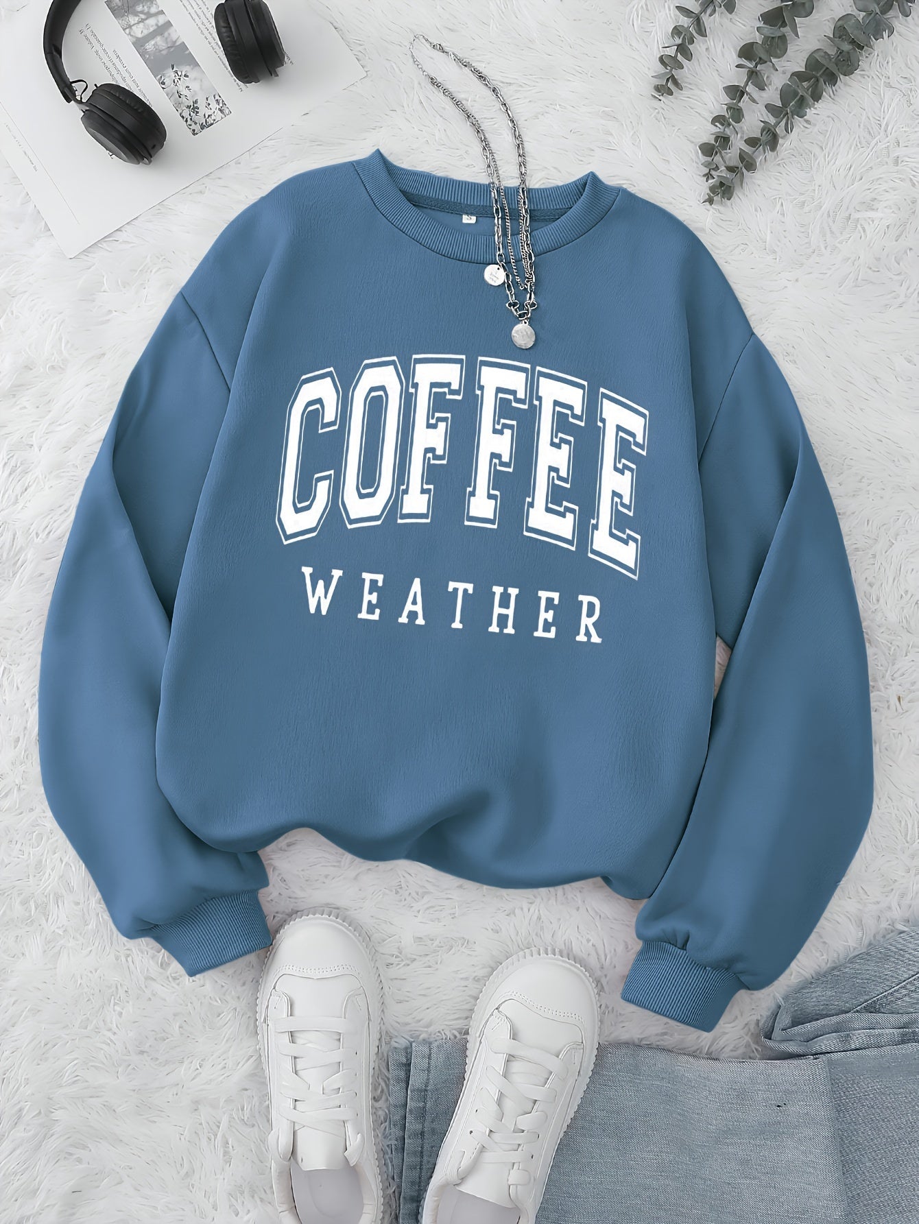 Coffee Print Pullover Sweatshirt, Casual Long Sleeve Crew Neck Sweatshirt For Fall & Winter, Women's Clothing