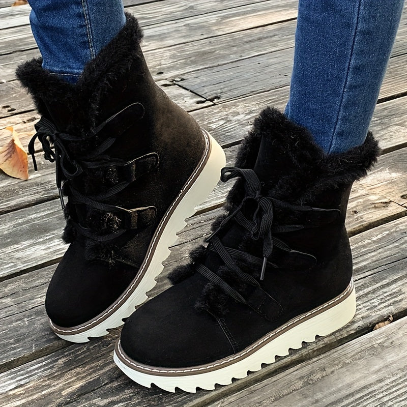 Women's Solid Color Fluffy Boots, Lace Up Soft Sole Platform Thermal Lined Boots, Winter Non-slip Snow Boots