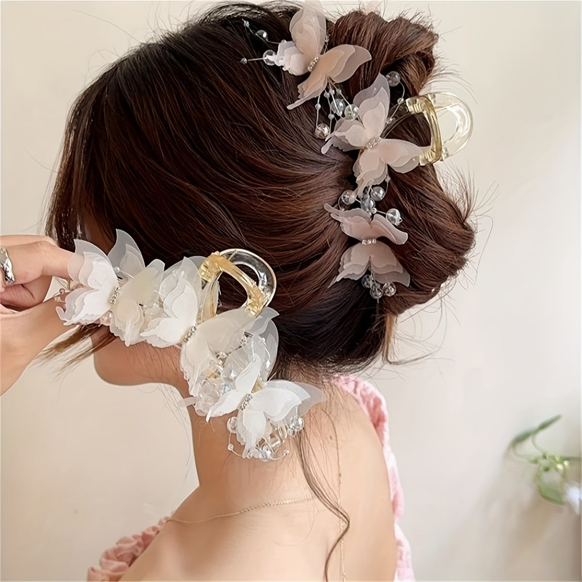 Elegant Butterfly Hair Claw - Rhinestones & Beads, Y2K Fairy-Style Shark Clip for Women - Perfect for Weddings & Holiday Gifts