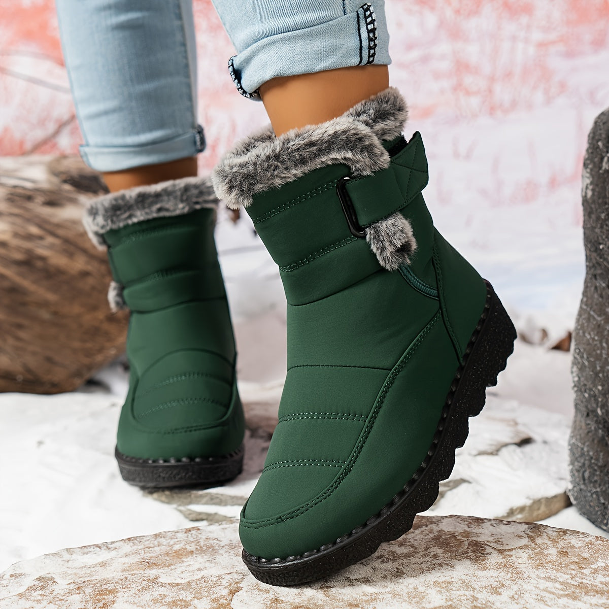 Velvettouch, Women's Winter Anti-Slip Snow Boots with Faux Fur Lining and Adjustable Straps - Casual Mid-Heel Fabric Ankle Booties