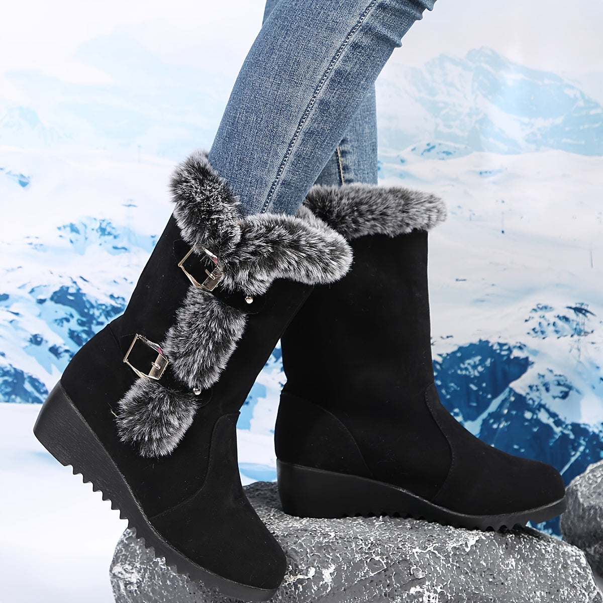 Mid Heel Wedge Boots for Women - Flannel Lined, Buckle Strap, Round Toe, Rubber Sole, Pull-On Closure, Perfect for Winter and Comfort Occasions