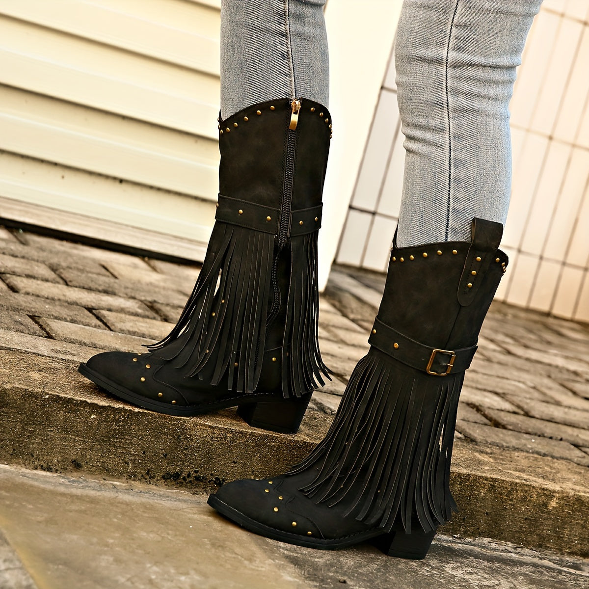 Stylish Tassel Chunky Heel Mid-Calf Boots - Pointed Toe, Side Zipper, Comfortable Cowboy Boots for Women, Trendy & Durable