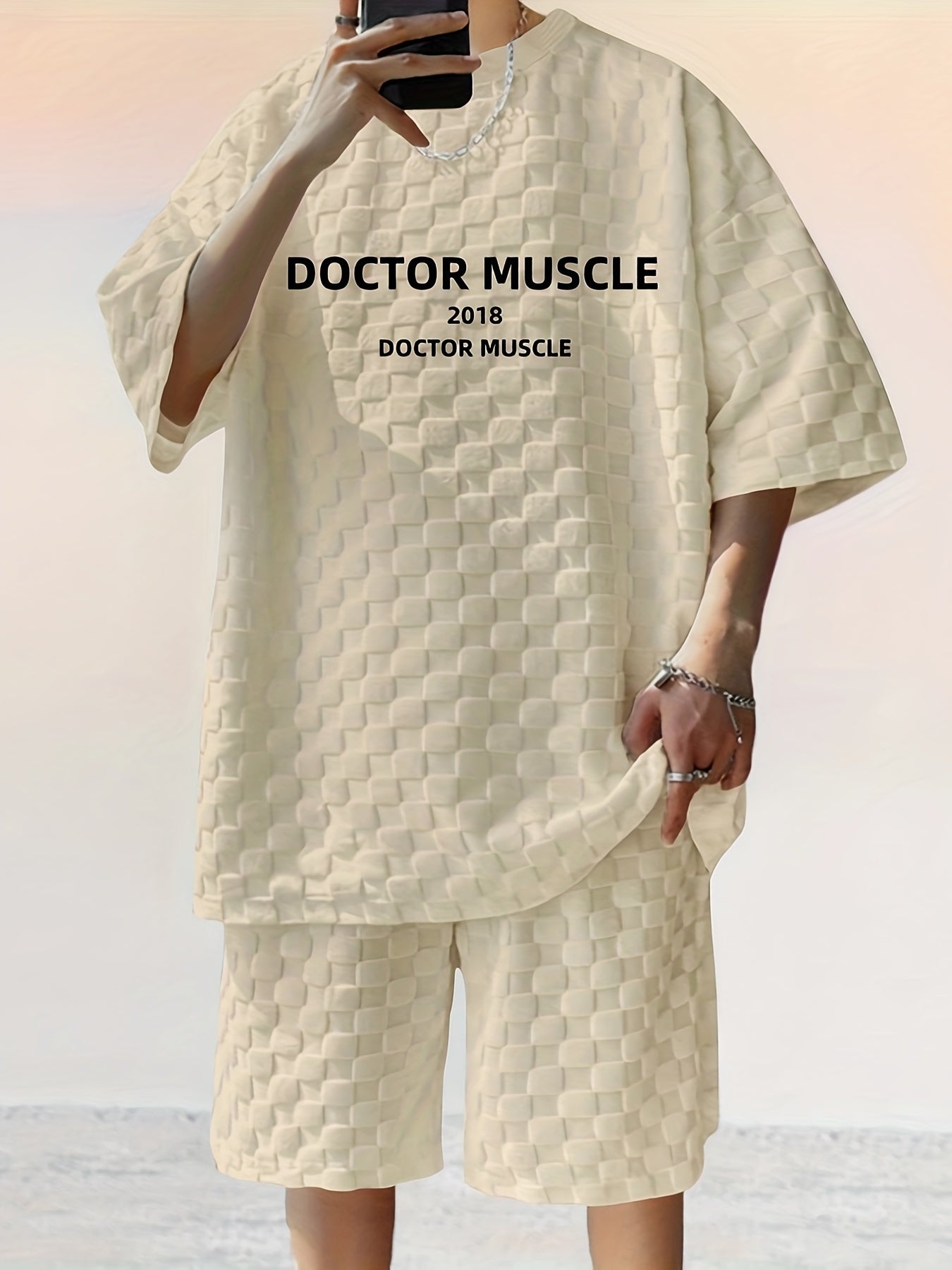 DOCTOR MUSCLE Men's Casual 2pcs Set, Letter Print Waffle Pattern T-shirt + Active Shorts Matching Set For Summer