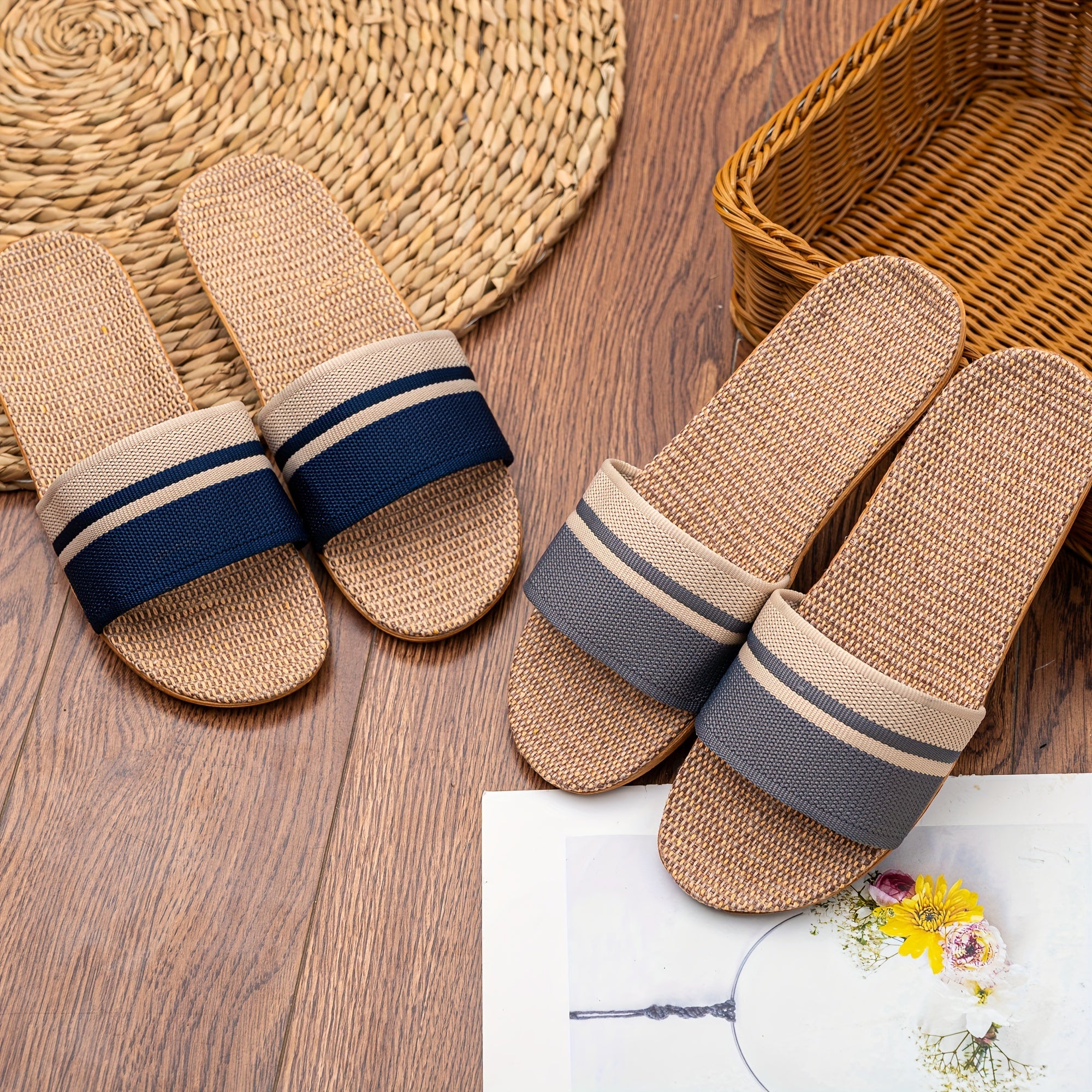 Striped Pattern Slides, Casual Open Toe Flat Summer Shoes, Comfortable Indoor Home Slides