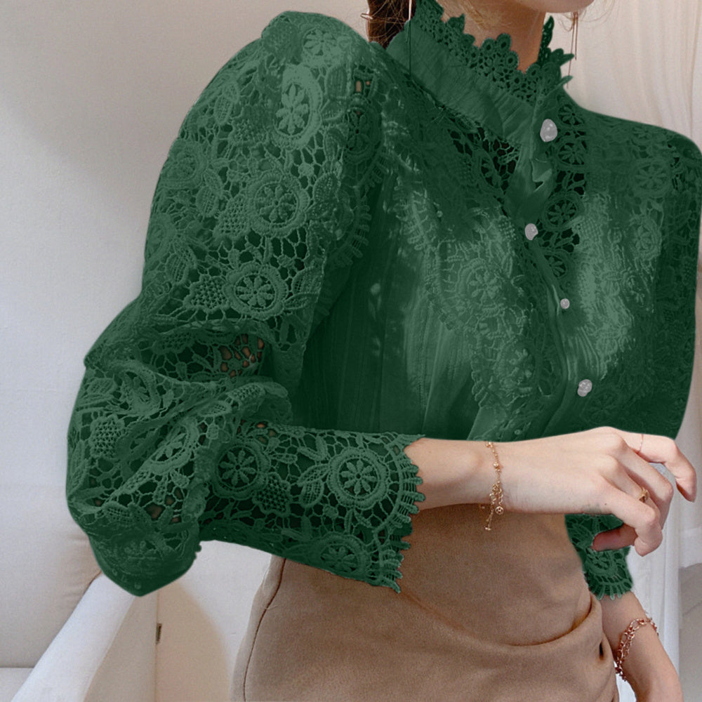 Women's Blouse Lace Puff Sleeve Lantern Sleeve Solid Pleated Women Blouse