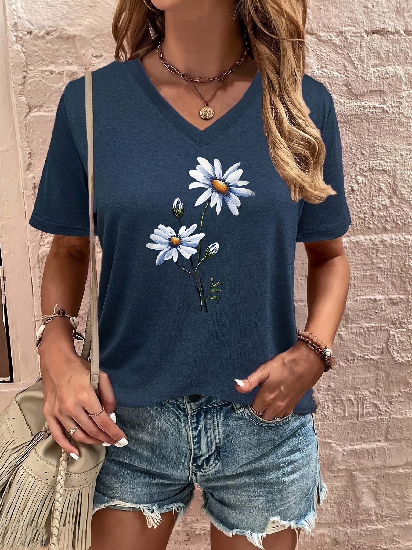 Floral Print V Neck T-shirt, Casual Short Sleeve T-shirt For Summer, Women's Clothing