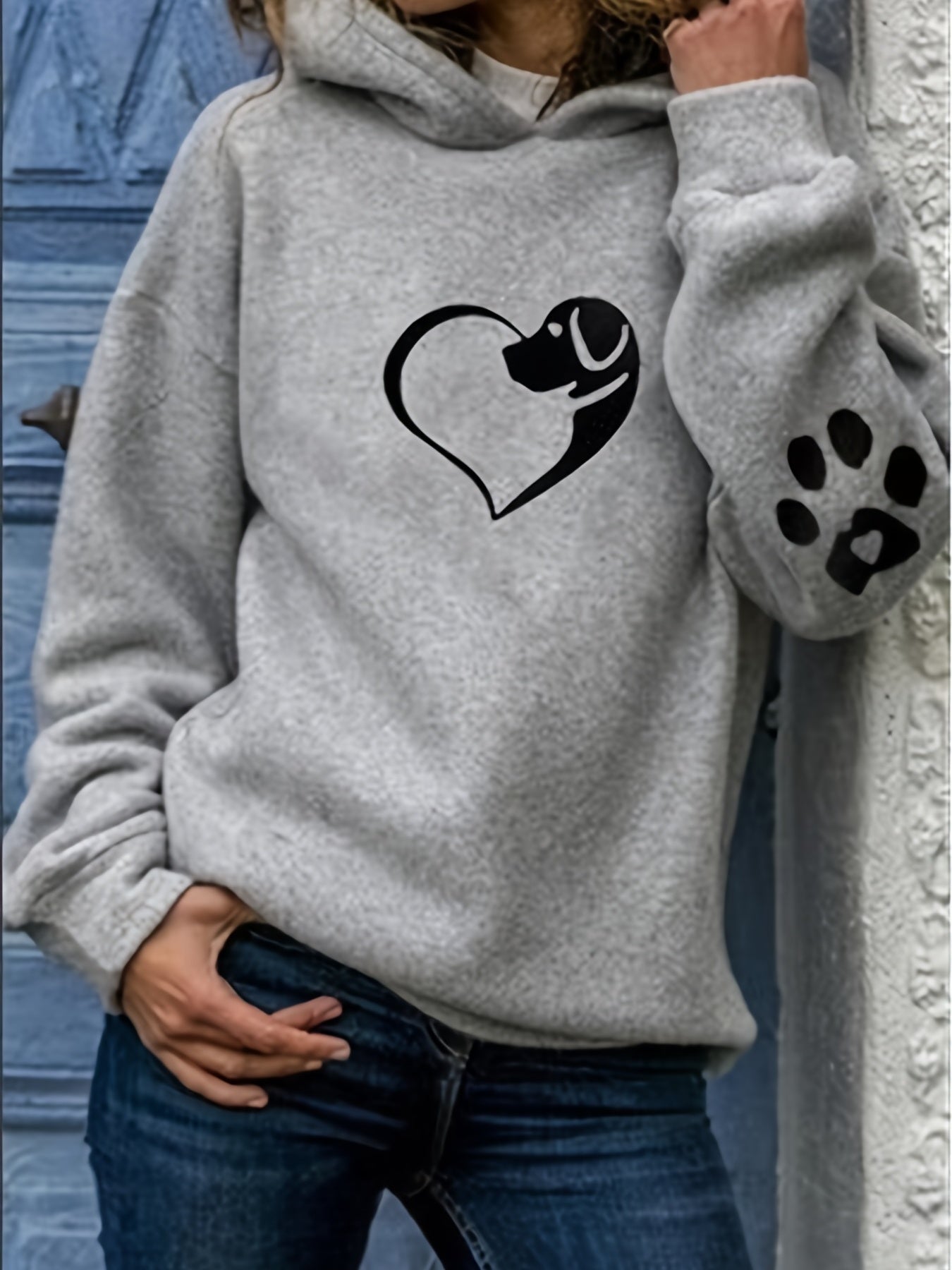 Dog & Heart & Paw Print Hoodie, Casual Long Sleeve Hoodie Sweatshirt, Women's Clothing