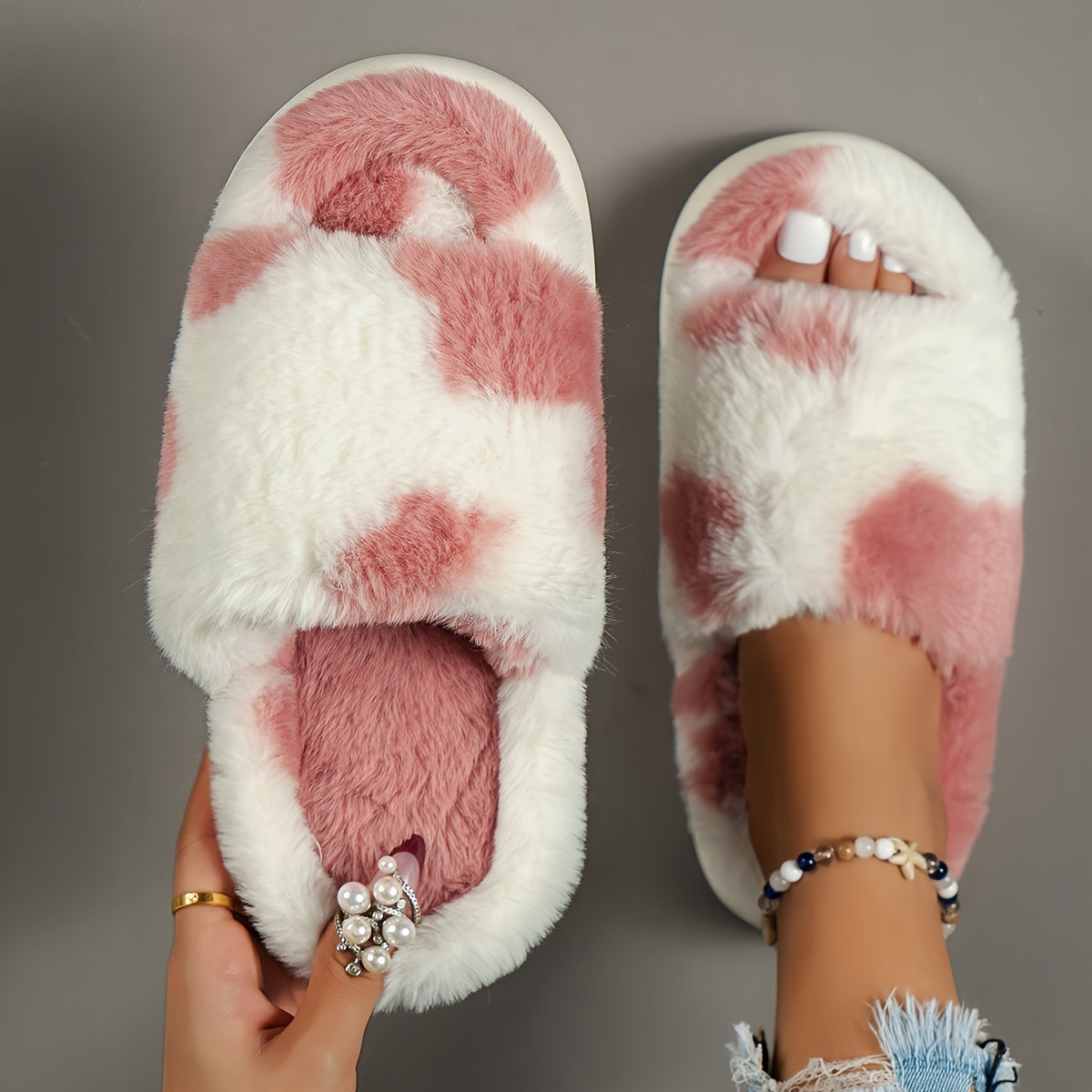 Cozy Fluffy Furry House Slippers, Single Band Open Toe Platform Fuzzy Shoes, Comfy Warm Home Slippers