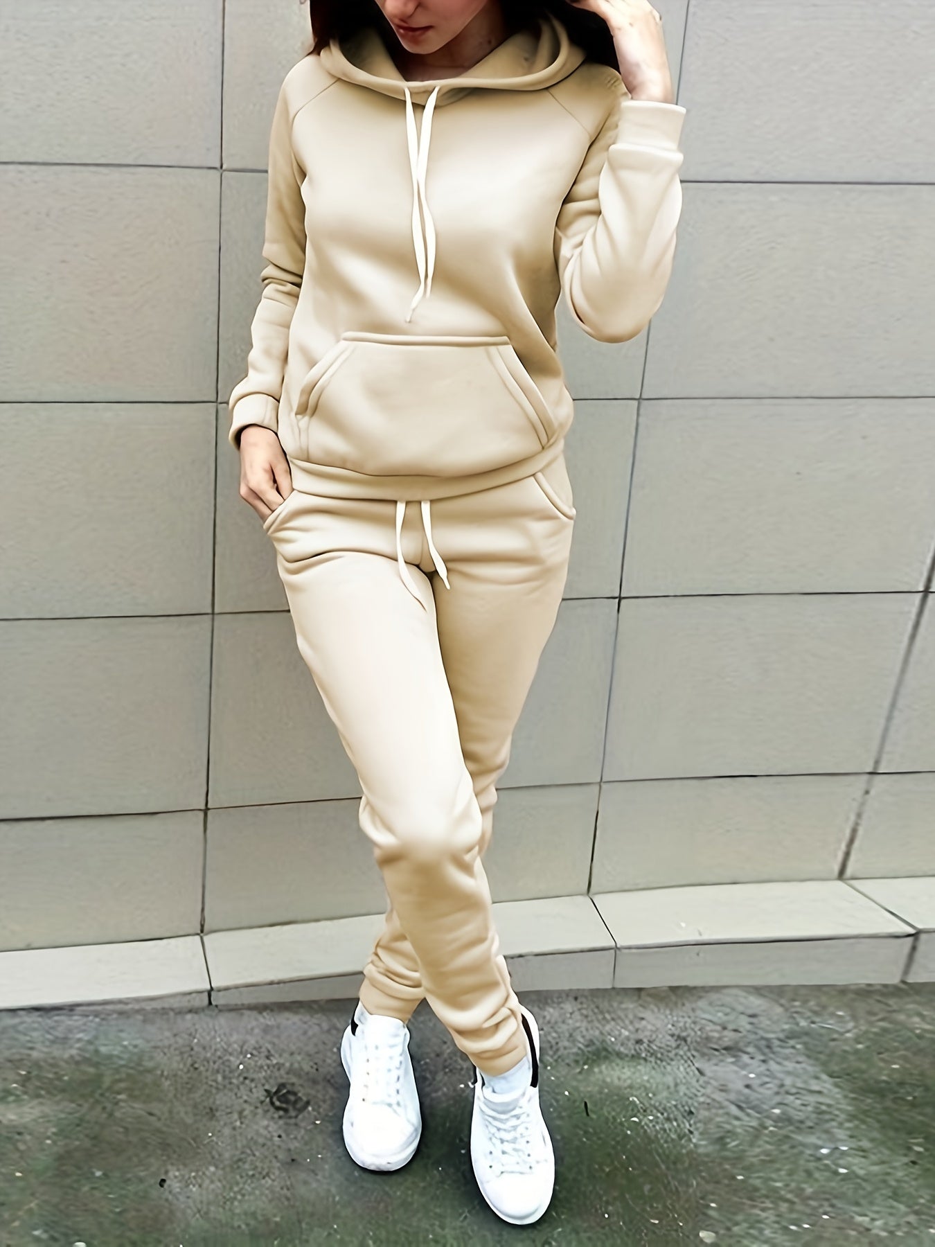 Trendy Solid Womens Two-Piece Set - Comfy Hoodie with Kangaroo Pockets & Drawstring Pants Outfit - Casual, Stylish, Versatile Wardrobe Essential