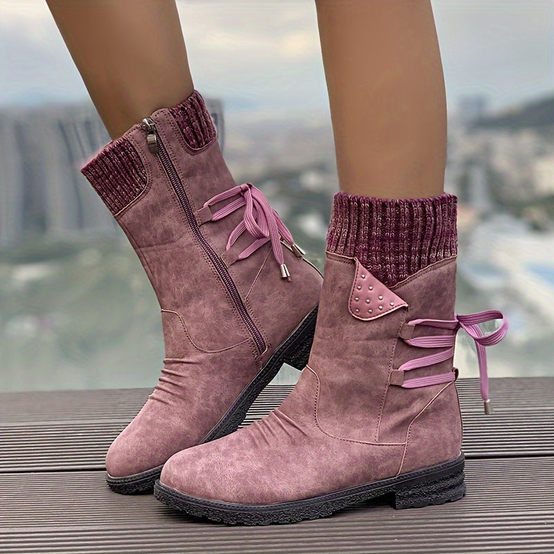 Women's Knitted Boots with Faux Leather Panel Design, Tie Back, and Side Zip