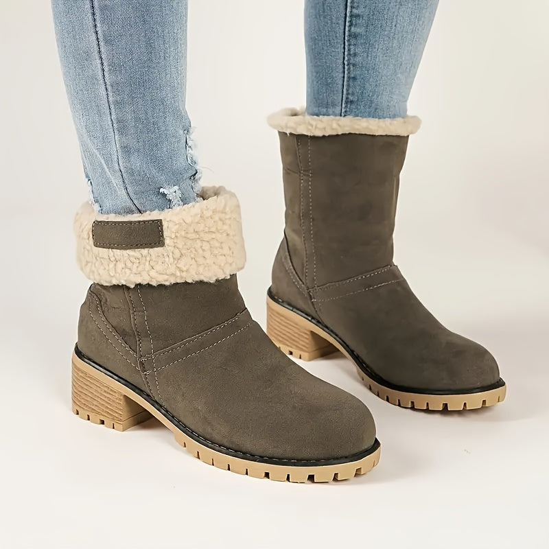 Women's Solid Color Chunky Heel Boots, Casual Slip On Plush Lined Boots, Comfortable Winter Ankle Boots