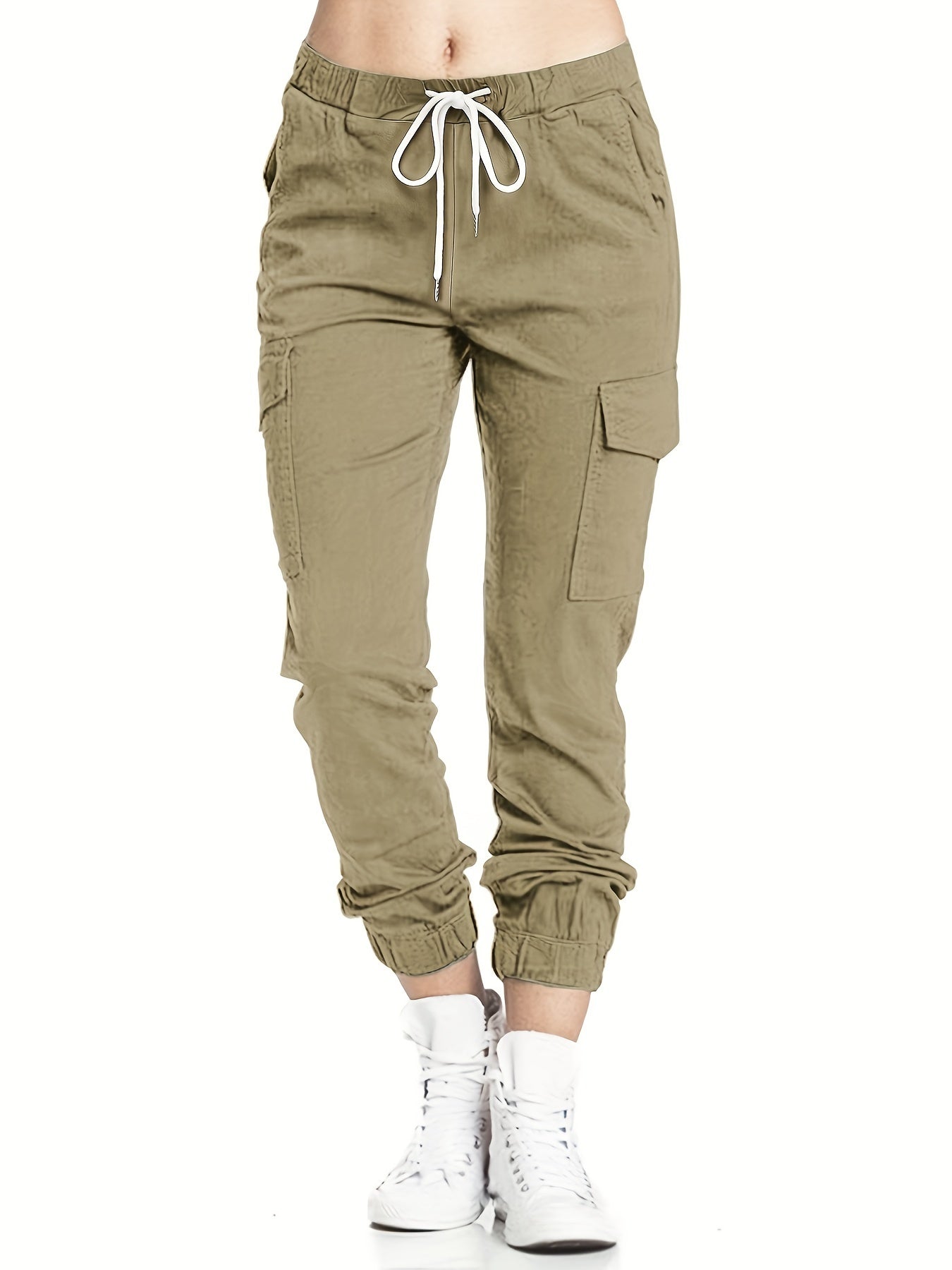 Y2K Solid Drawstring Cargo Pants, Casual Elastic Waist Long Length Pants With Pockets, Women's Clothing