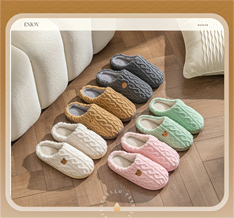 Solid Color Home Warm Slippers, Slip On Soft Sole Flat Non-slip Fuzzy Shoes, Winter Plush Cozy Slides Shoes